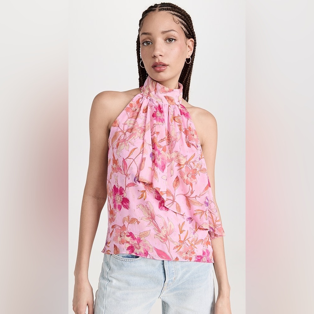 MISA Los Angeles Pink Floral Metallic‎ Ruffle Fairycore Halter Top Size Large